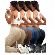Womens sand-washed ribbed high-waisted yoga leggings with V-shaped waistband; six color variants.