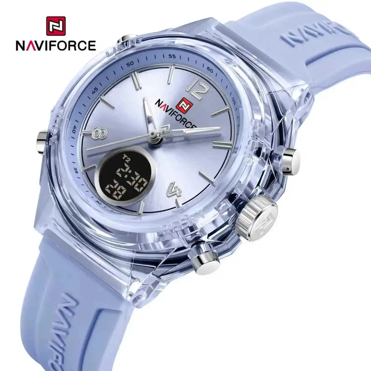 NAVIFORCE women's sport watch with transparent blue case and light blue rubber strap, analog-digital dual display.