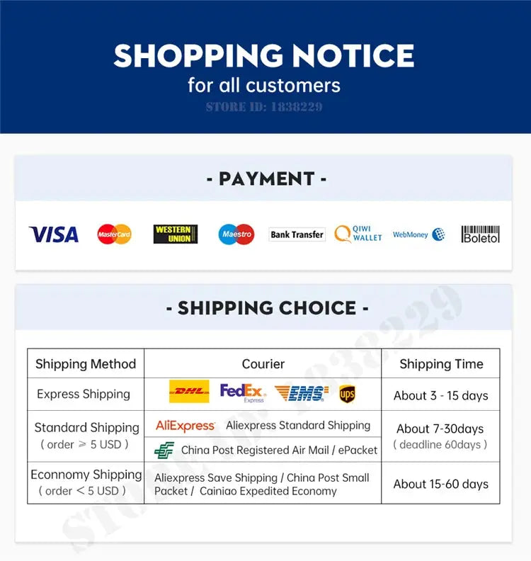 Shopping notice banner showing payment logos and a shipping options table (Express, Standard, Economy) with carrier logos.