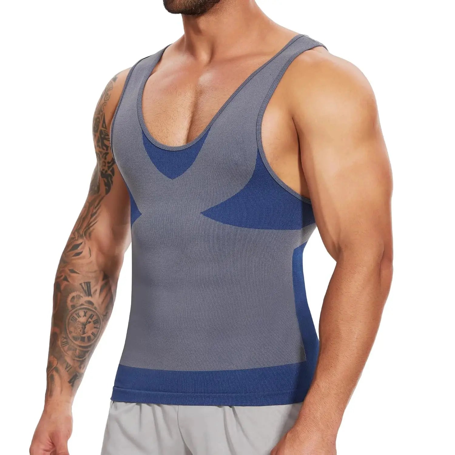 Men's shapewear slimming tank top, gray with blue panels, cross-elastic compression for tummy control