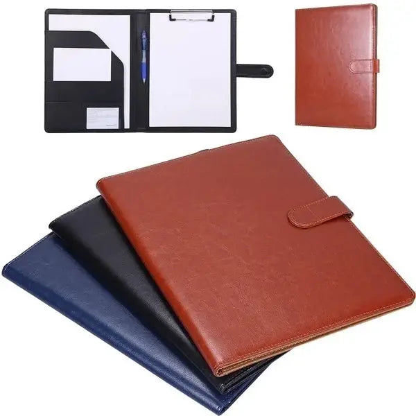 Simples Market A4 PU leather conference folder set in red-brown, black and blue with interior pockets and snap strap