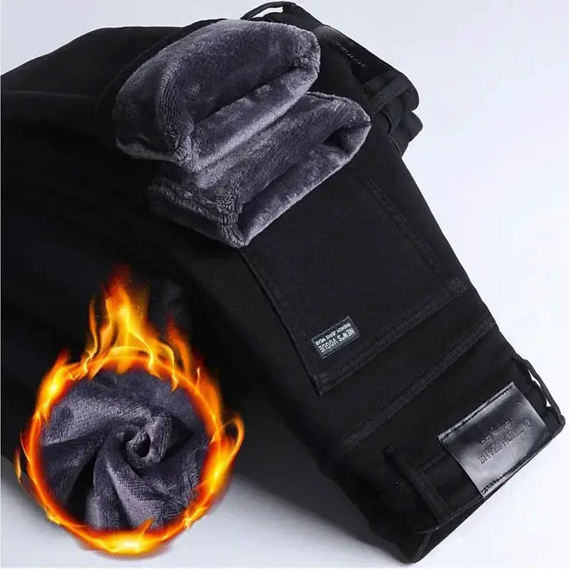Simples Market black fleece-lined straight-denim pants for men, warm velvet interior, plus size