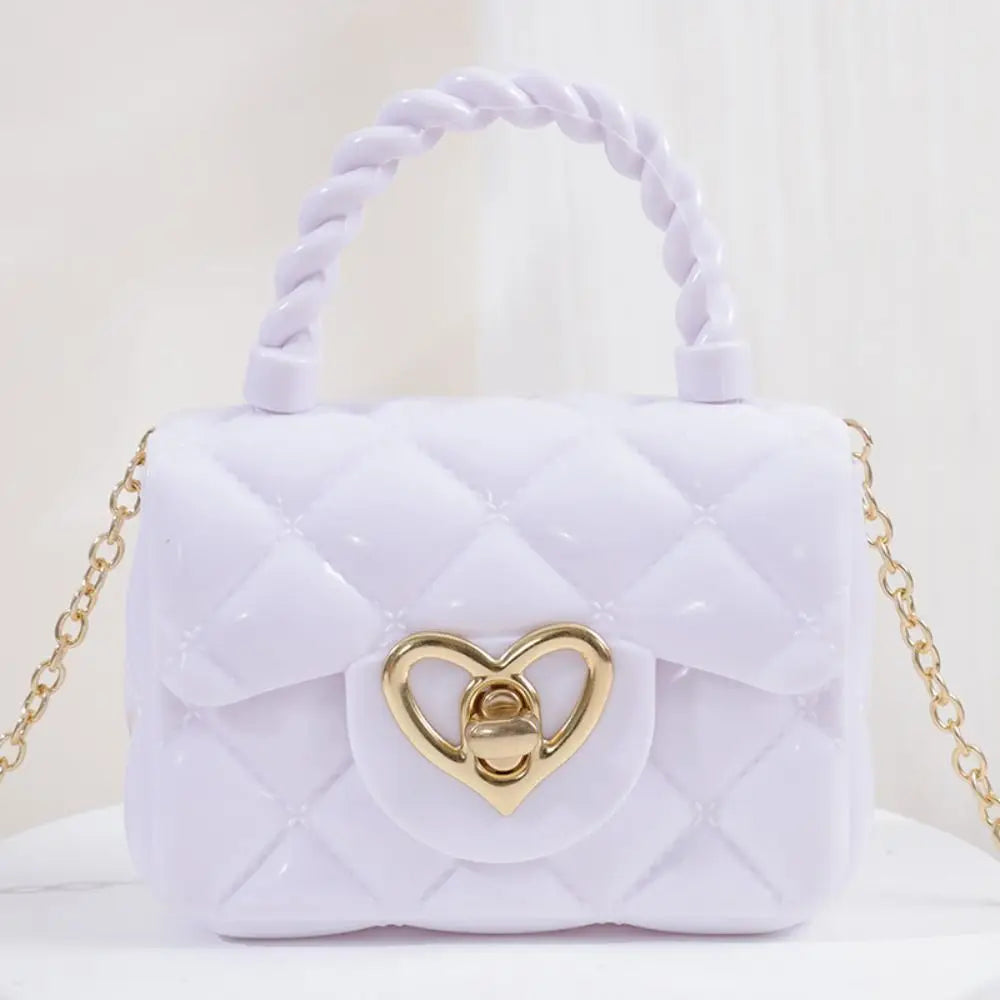 Girls' lavender quilted PU leather crossbody bag with gold heart clasp, braided top handle and chain strap