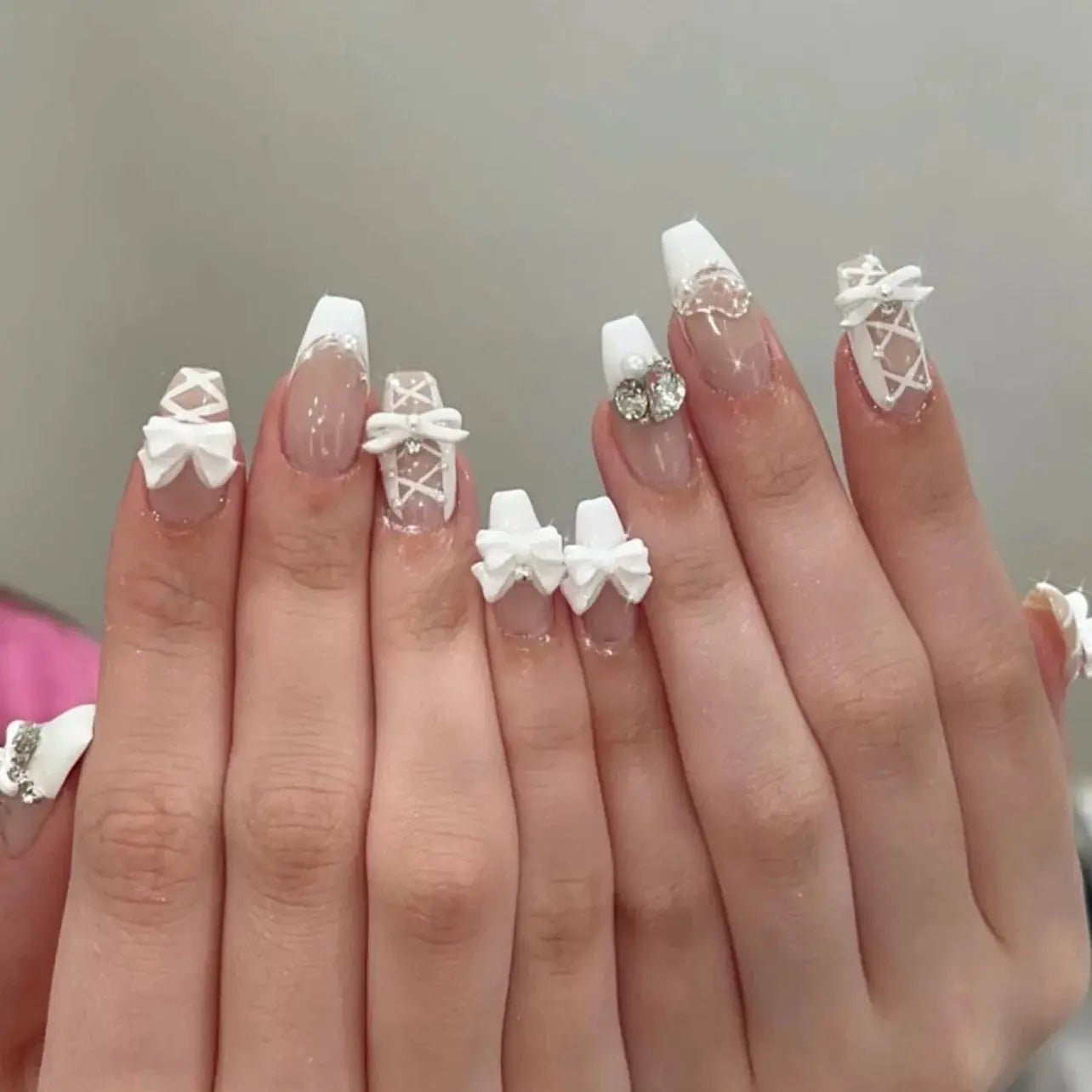 LuxeNail Blush Pink False Nails Bowknot Diamond Pearl Design Press On Nail Tips Harmless Smooth Edge Safe DIY Mani