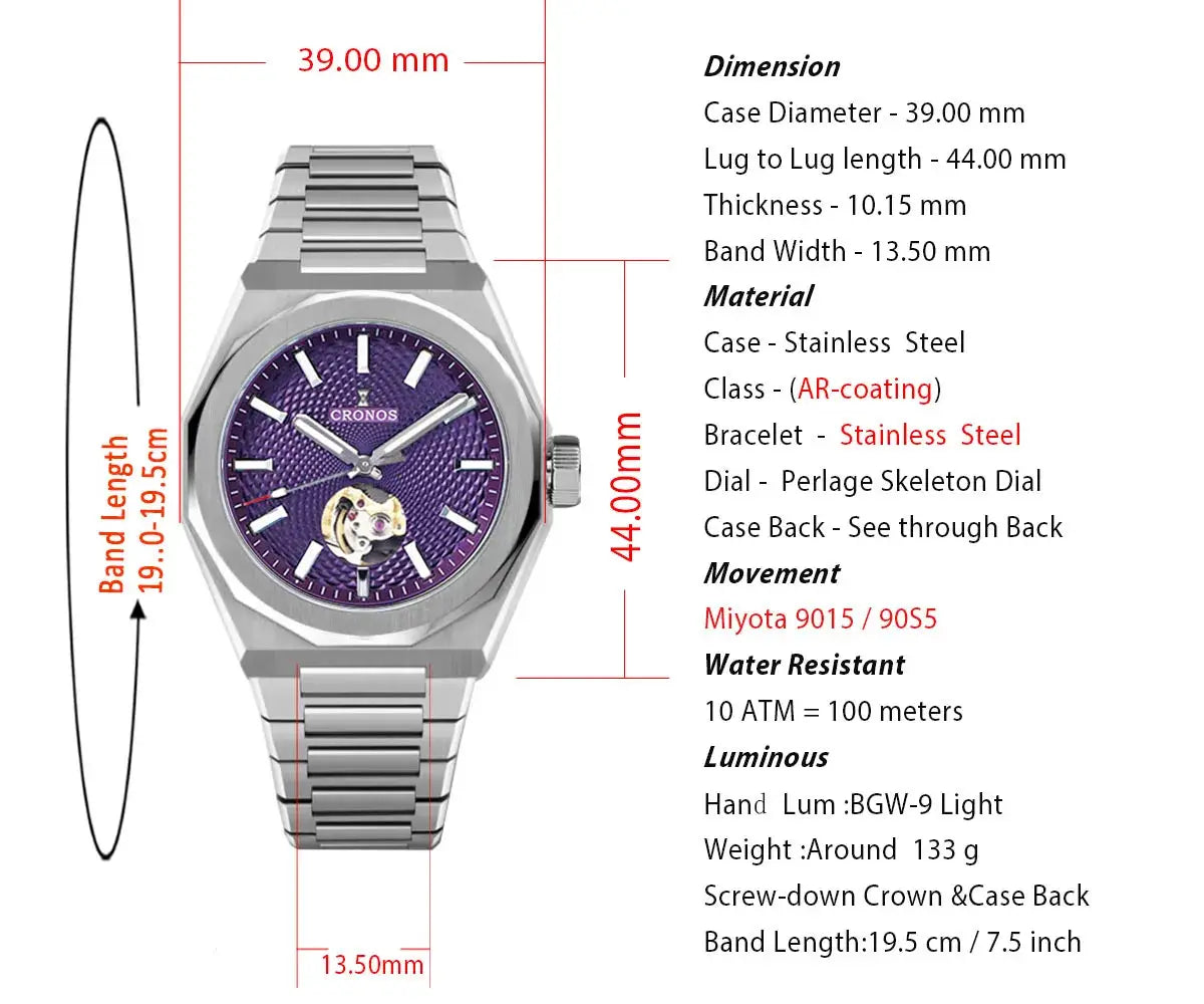 Cronos New Rhombus Perlage 39mm automatic watch with purple skeleton dial, caseback, stainless steel bracelet