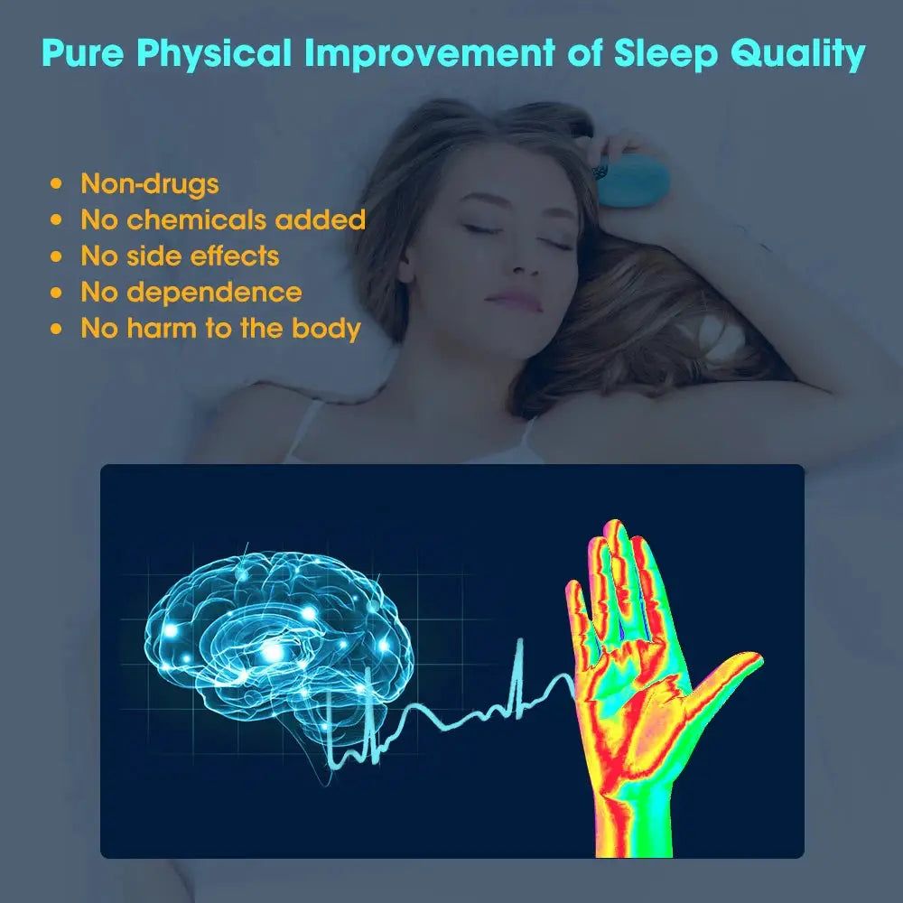 Sleep aid handheld microcurrent device by Simples Market; woman resting with device, plus colorful brain-hand graphic
