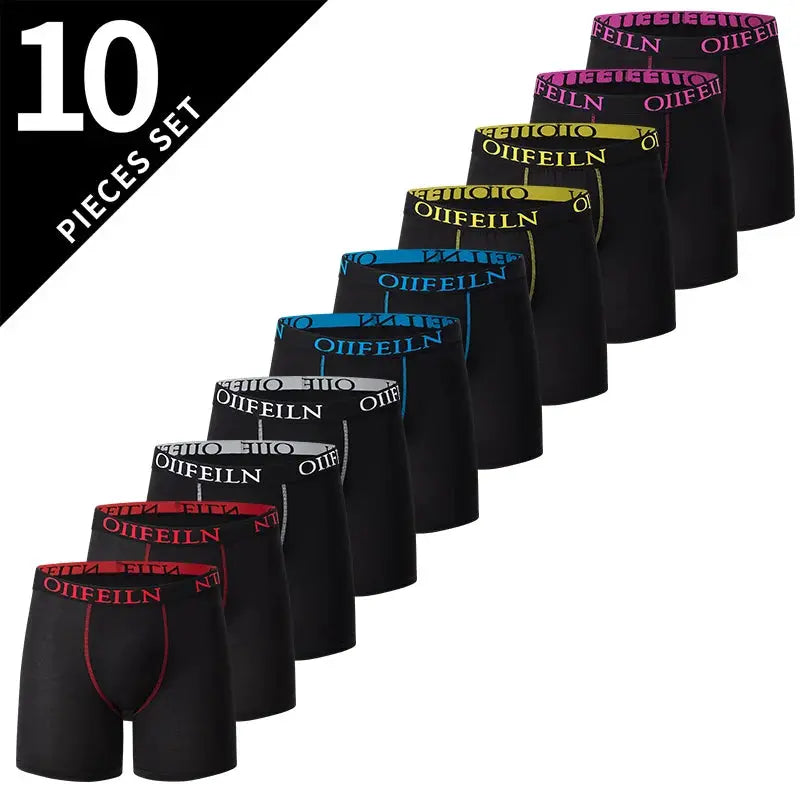 10-piece set of black men's boxer briefs with multicolor waistbands displayed diagonally