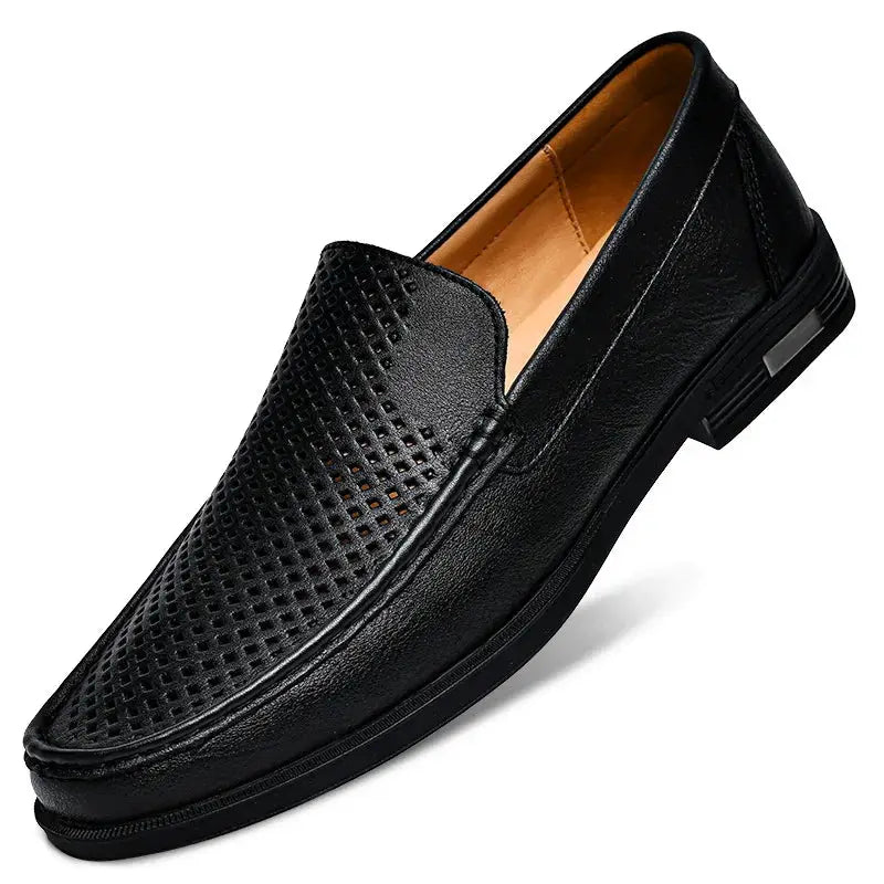 Leather men's slip-on dress loafer in black with perforated toe for office and formal wear