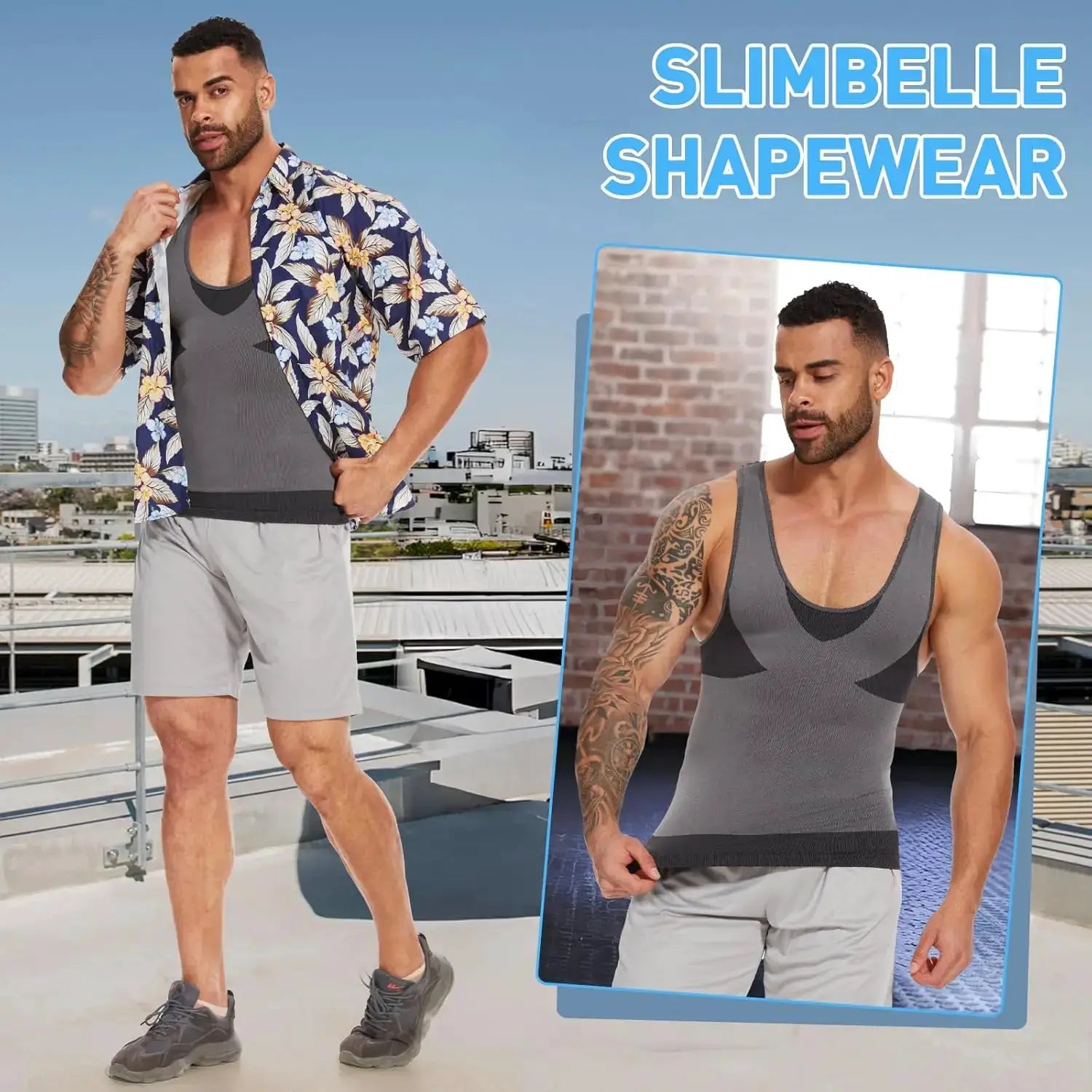 Men's slimming shapewear body shaper top in gray with cross-elastic design; two views