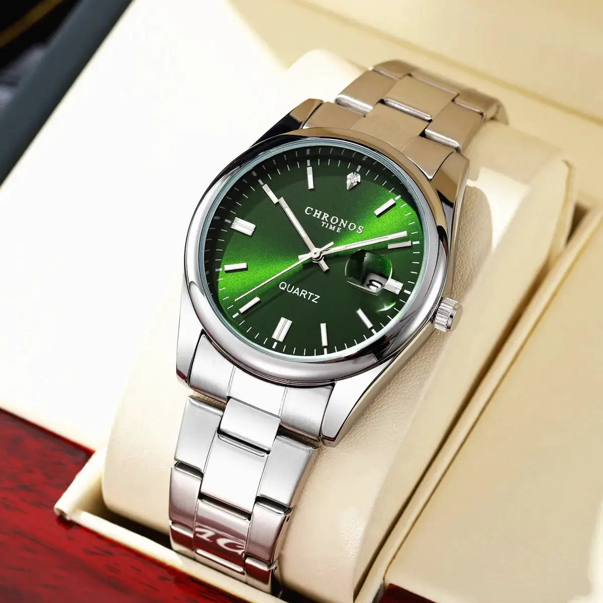 Chronos Luxury Mens Stainless Steel Wristwatch Waterproof Luminous Hands Date Quartz Movement