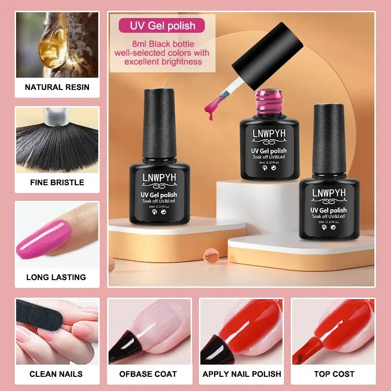 LNWPYH gel nail polish set, 26 colors, UV/LED soak-off lacquers with base & top coats, three black bottles