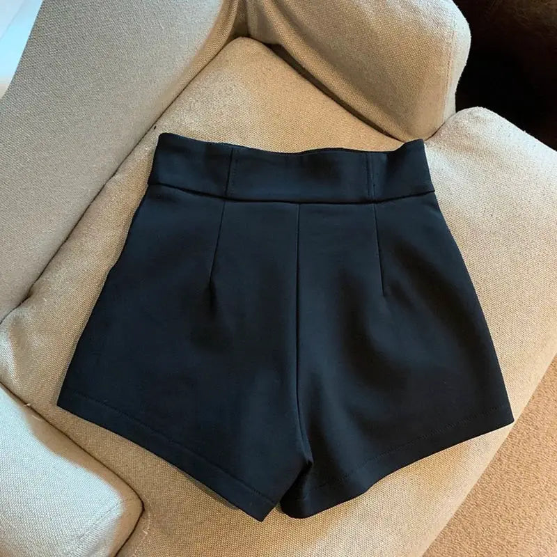 Women black high-waisted shorts with A-line silhouette, casual style