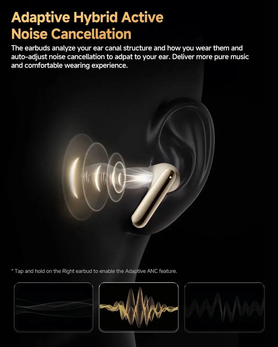 QCY MeloBuds Pro ANC wireless earbuds, beige, 46dB hybrid ANC, LDAC, Bluetooth 5.3