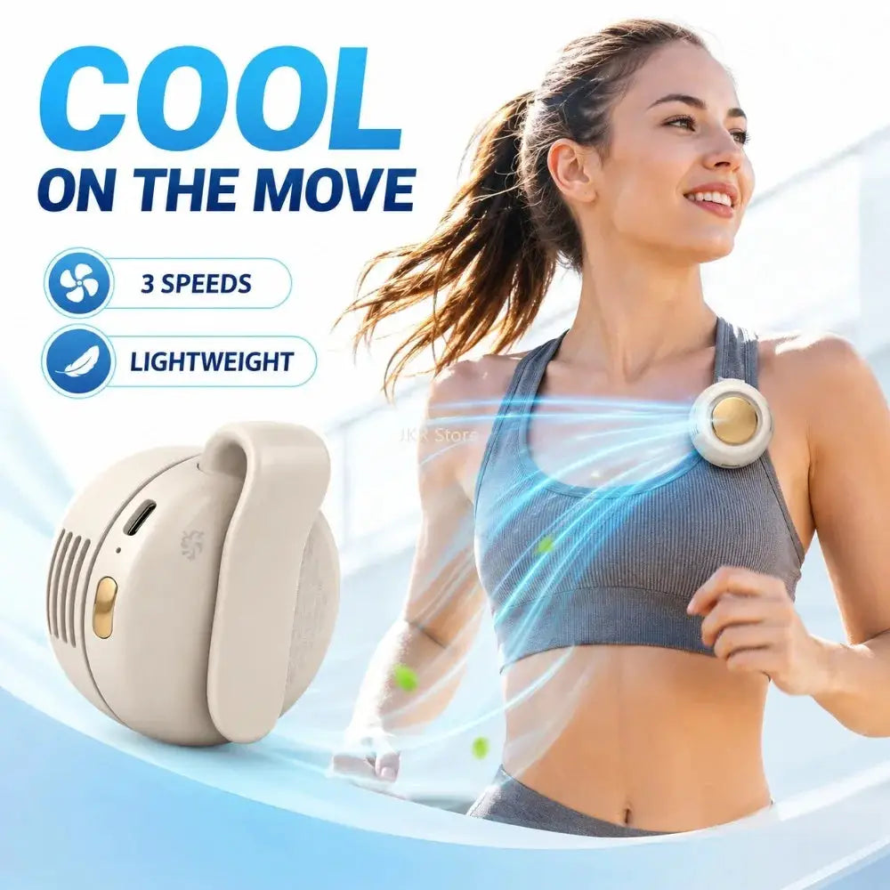 Portable clip-on bladeless fan, beige circular unit clipped to a sports top, 3 speeds, lightweight.