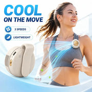 Portable clip-on bladeless fan, beige circular unit clipped to a sports top, 3 speeds, lightweight.
