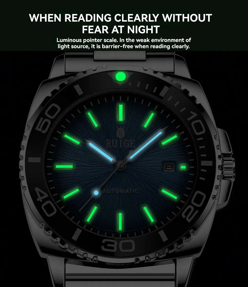 RUIGE men's stainless steel automatic watch with calendar and luminous green markers