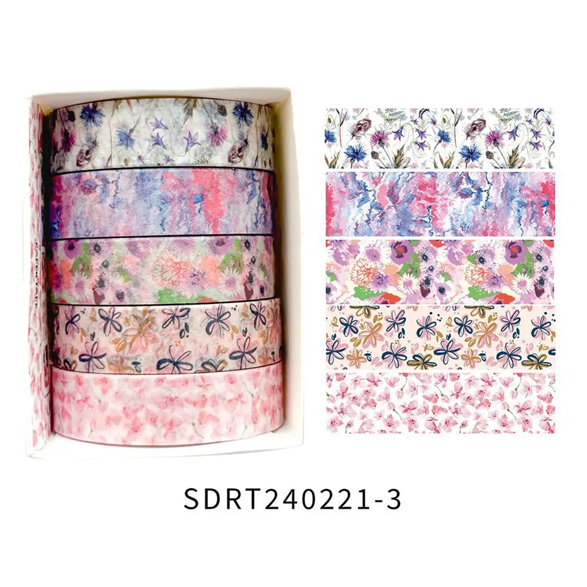 Five floral washi tape rolls in pastel boxed set; assorted flower patterns for crafts
