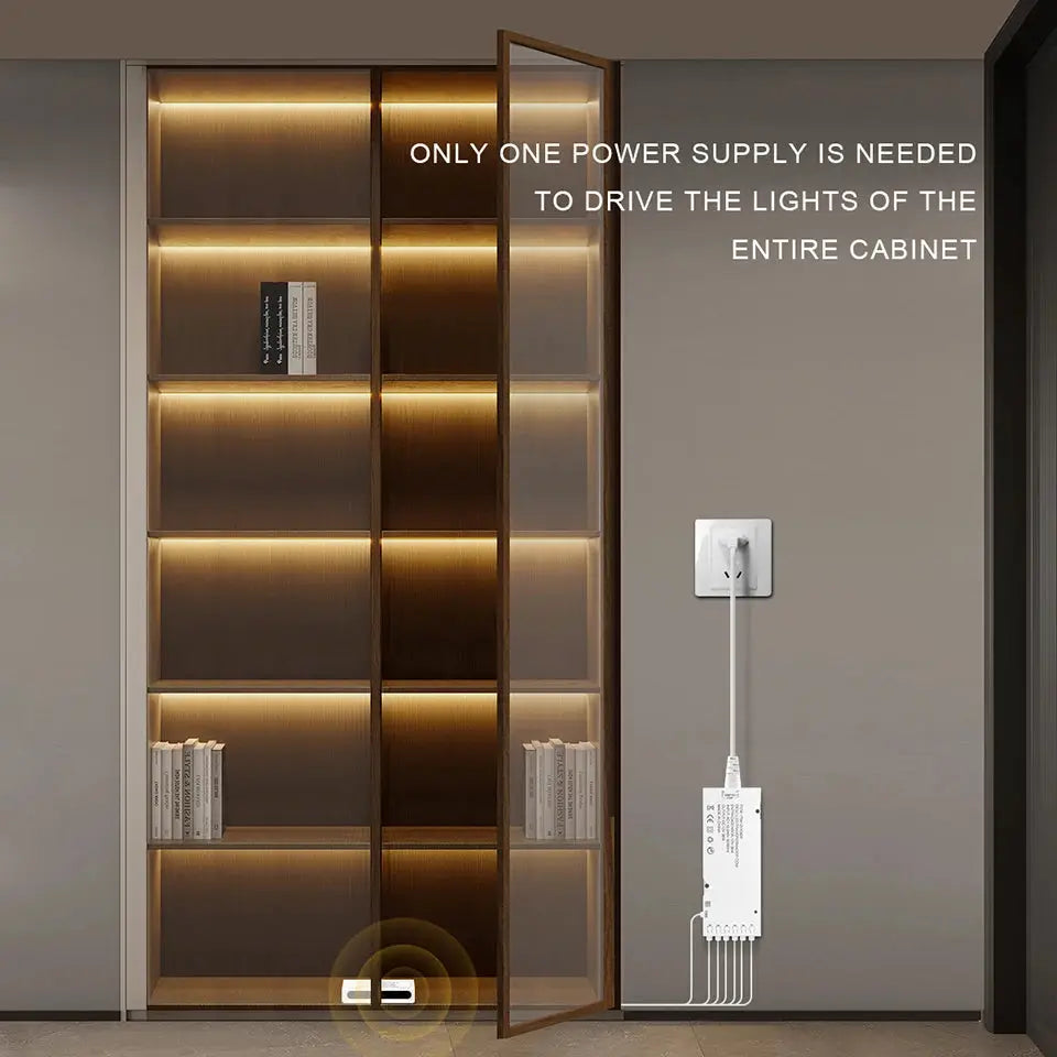 Smart door proximity sensor LED under-cabinet lights by Simples Market, warm-white 12V COB strip for wardrobe kitchen