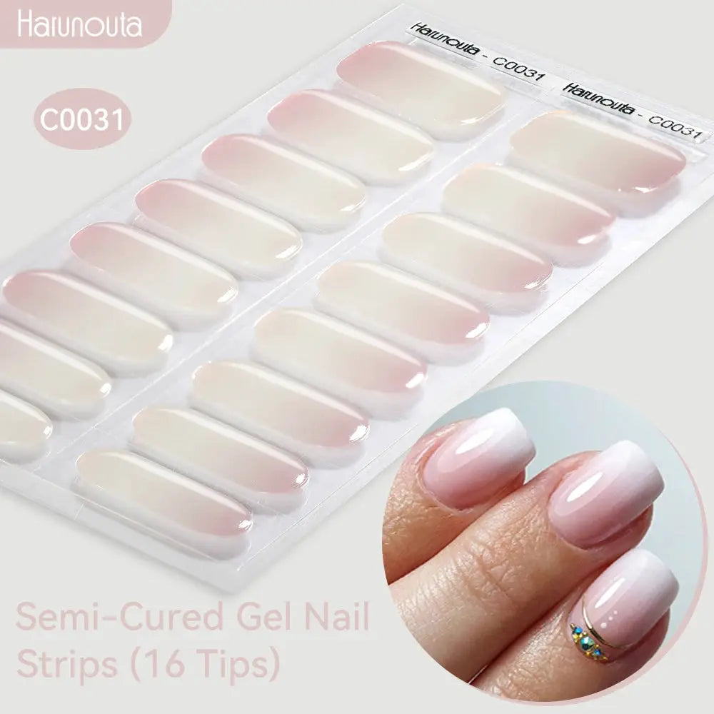 Gel nail strip set: Gradient Auroras, 16 semi-cured pink-white tips, Harunouta branding.