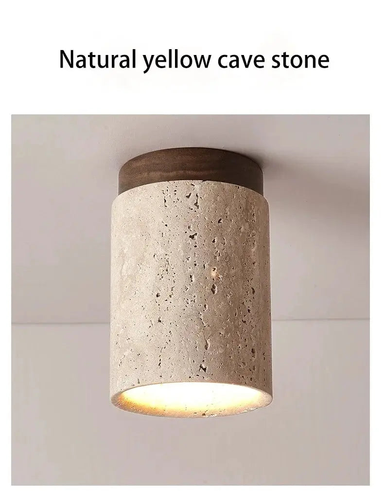Ceiling lamp cylindrical natural stone beige shade with wood canopy, Simples Market LED fixture