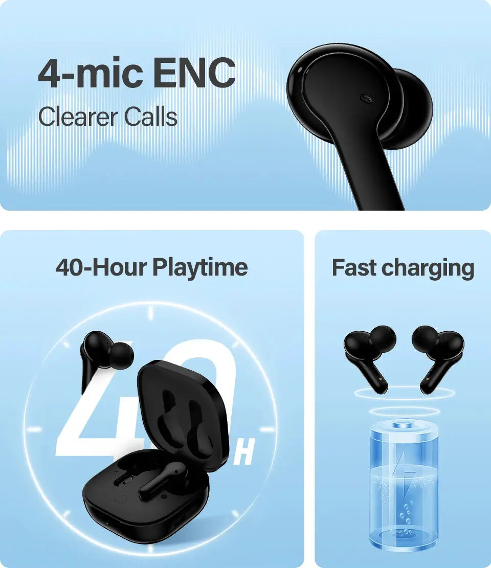 QCY T13 wireless earbuds with charging case, black; 4-mic ENC for clearer calls, pair