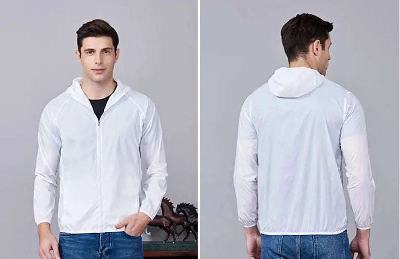 JNLN Unisex Hiking Jacket white waterproof windbreaker, hooded; front and back views.