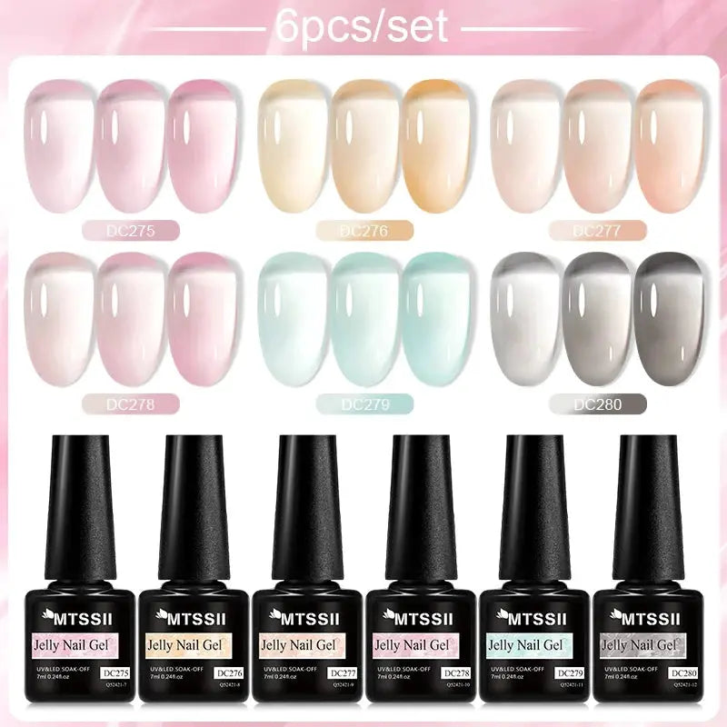 MTSSII Jelly Nail Gel 6-bottle set by Simples Market with black caps; soak-off UV gel polishes in pastel jelly shades