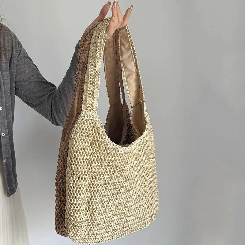 Rattan women shoulder bag; woven natural straw tote with wide handles and large capacity