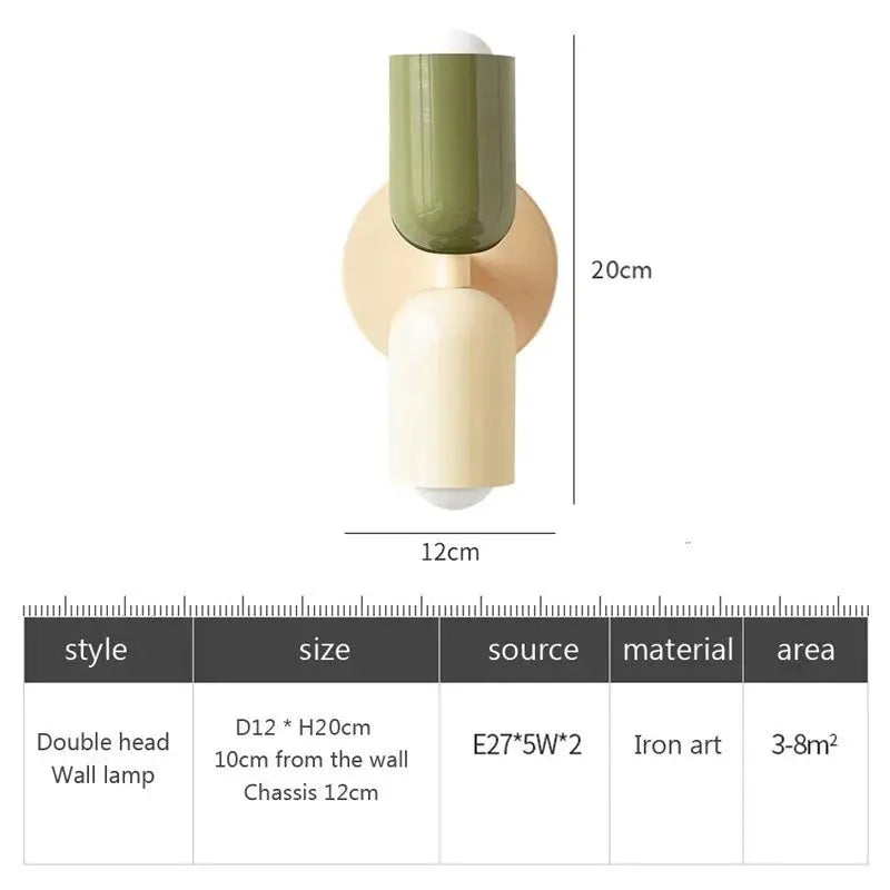 Nordic LED double-head wall lamp by Simples Market, cream body with olive-green top, iron art fixture for living room.