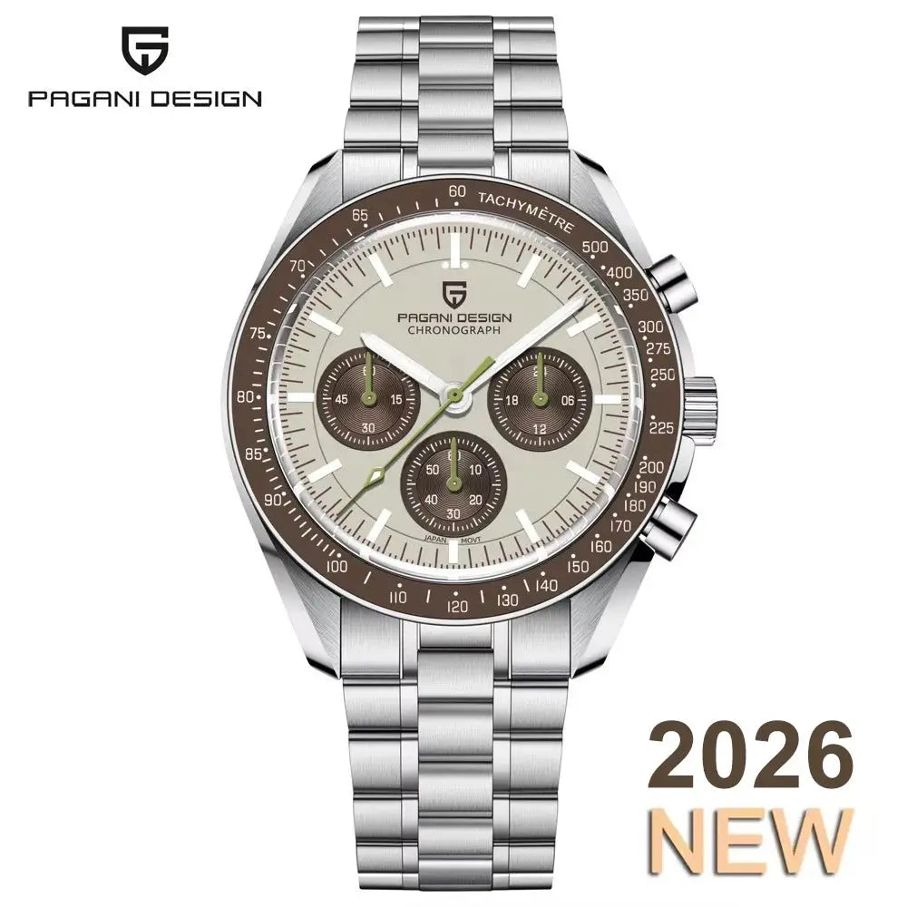Pagani Design 2026 New Moon men's chronograph watch, stainless steel bracelet, beige dial, brown bezel, luminous hands.