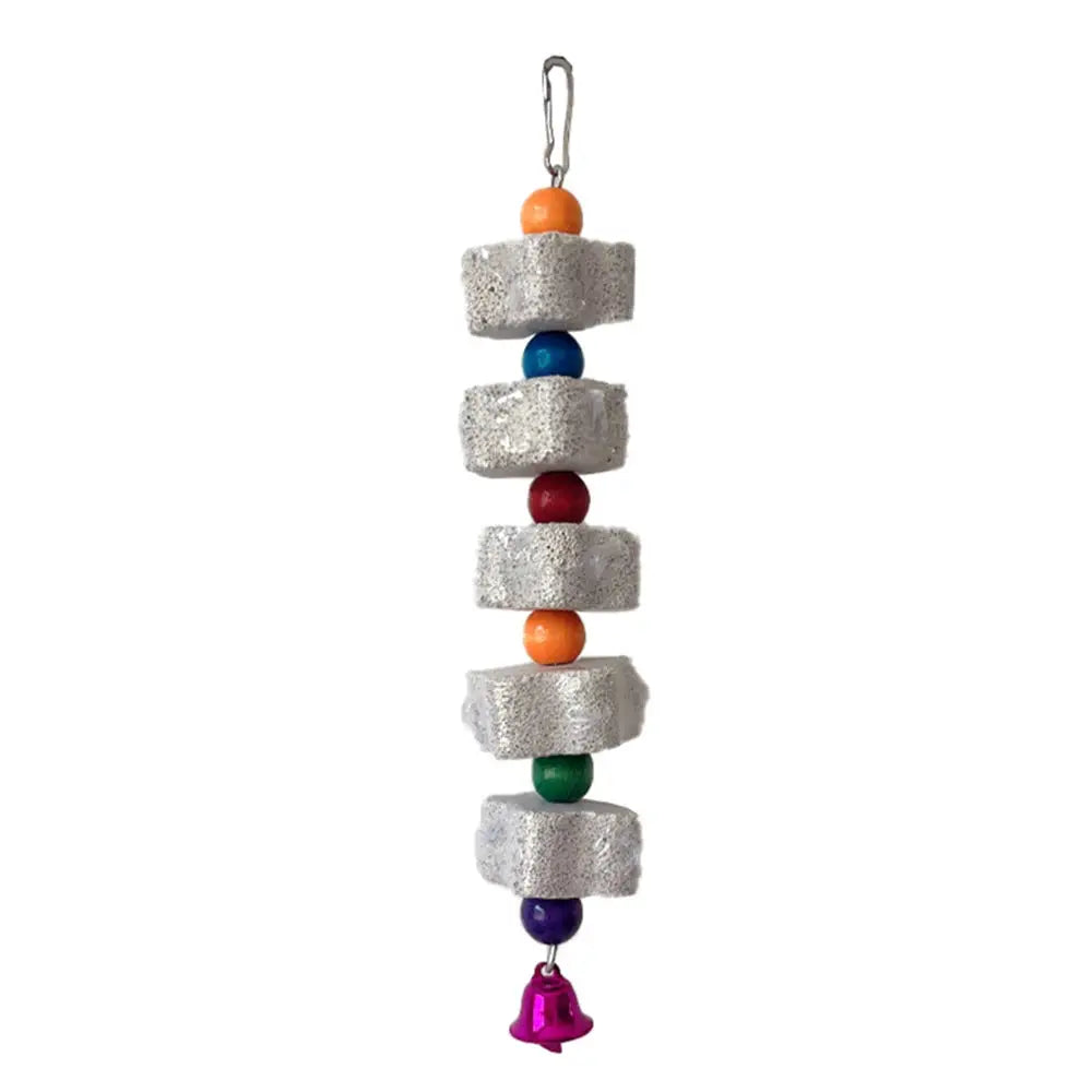 Simples Market 1PC volcanic rock chew toy for parrots and hamsters, hanging stack with colorful beads and pink bell