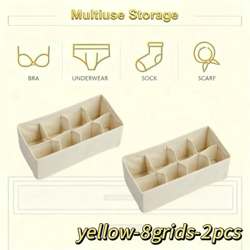 Drawer underwear storage box with eight-grid compartments, yellow fabric, 2-piece set