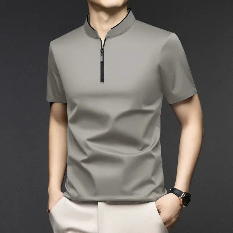Men's gray short-sleeve polo with stand-up collar and zipper, casual solid top