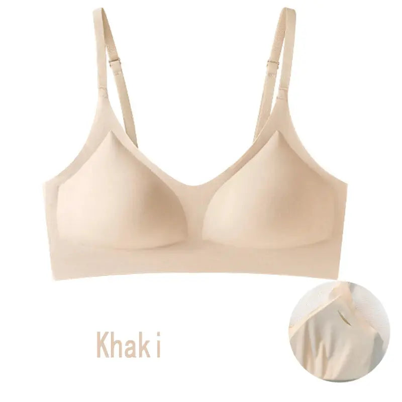 Seamless bra in khaki with smooth cups and wide underband, adjustable straps