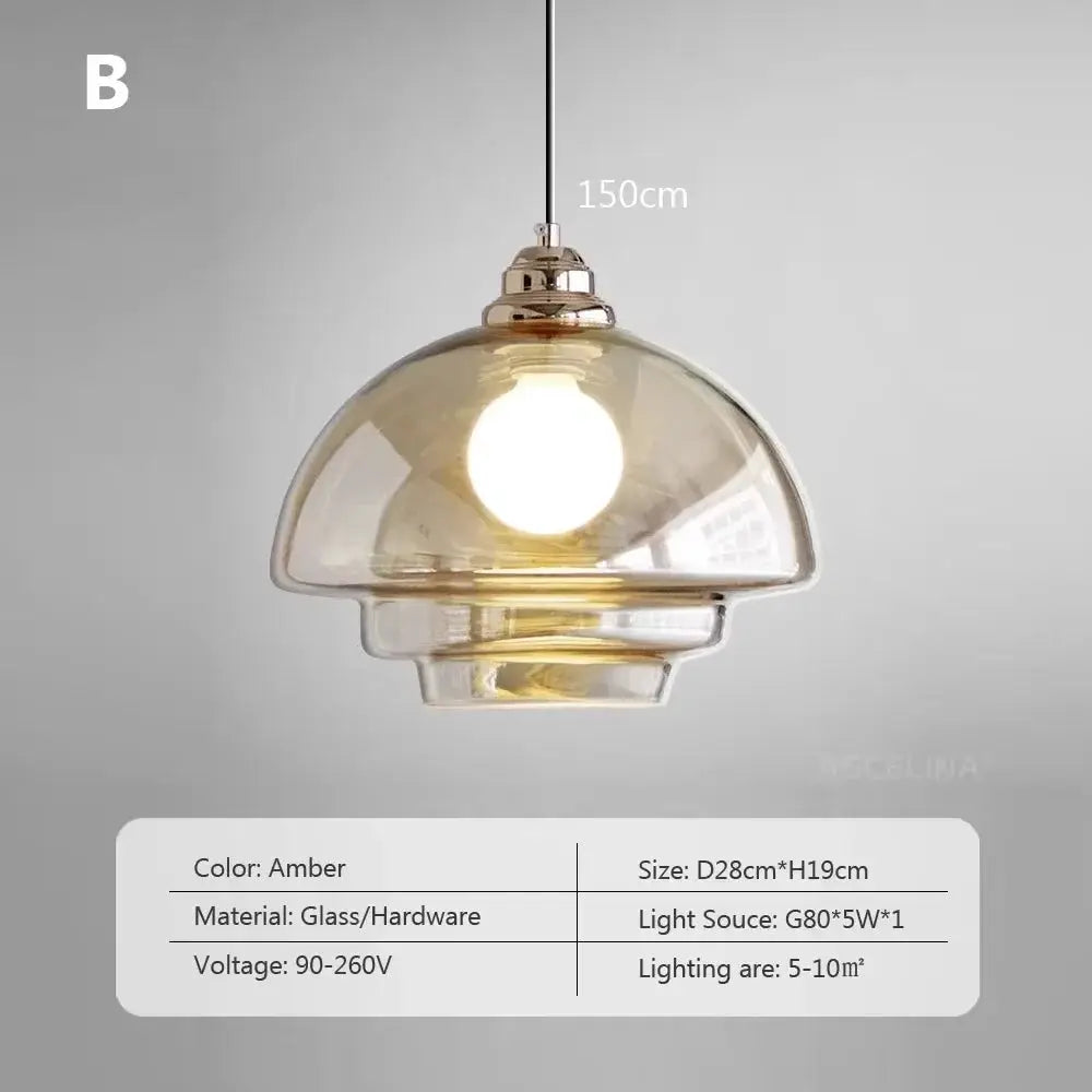 Nordic amber glass pendant lamp with dome shade, LED E27 fixture for dining room or kitchen island.