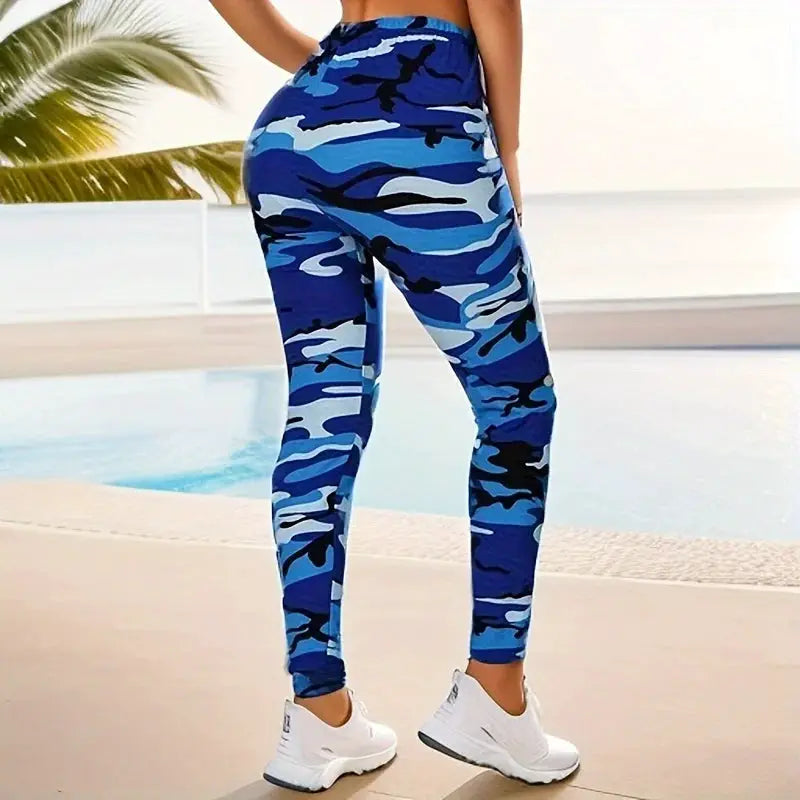 Camouflage printed women's leggings in blue camouflage by Simples Market, high-elasticity slim fit