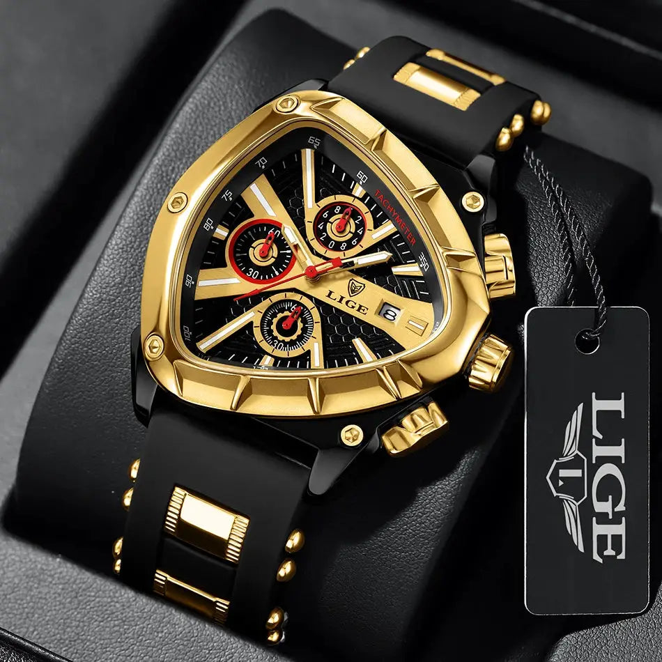 LIGE original luxury men's watch with gold-tone bezel, black strap, large dial, waterproof quartz, boxed.