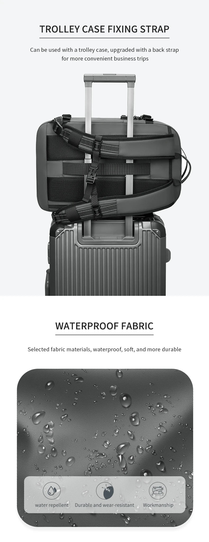 Simples Market men's travel backpack with vacuum compression for 17-inch laptop, attached to rolling suitcase.