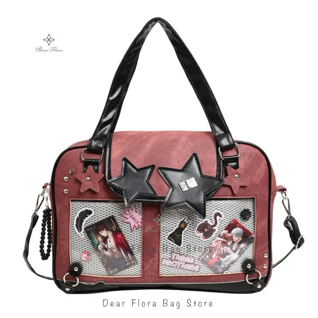 Ita bag crossbody in burgundy with black star appliques and transparent pockets, Simples Market