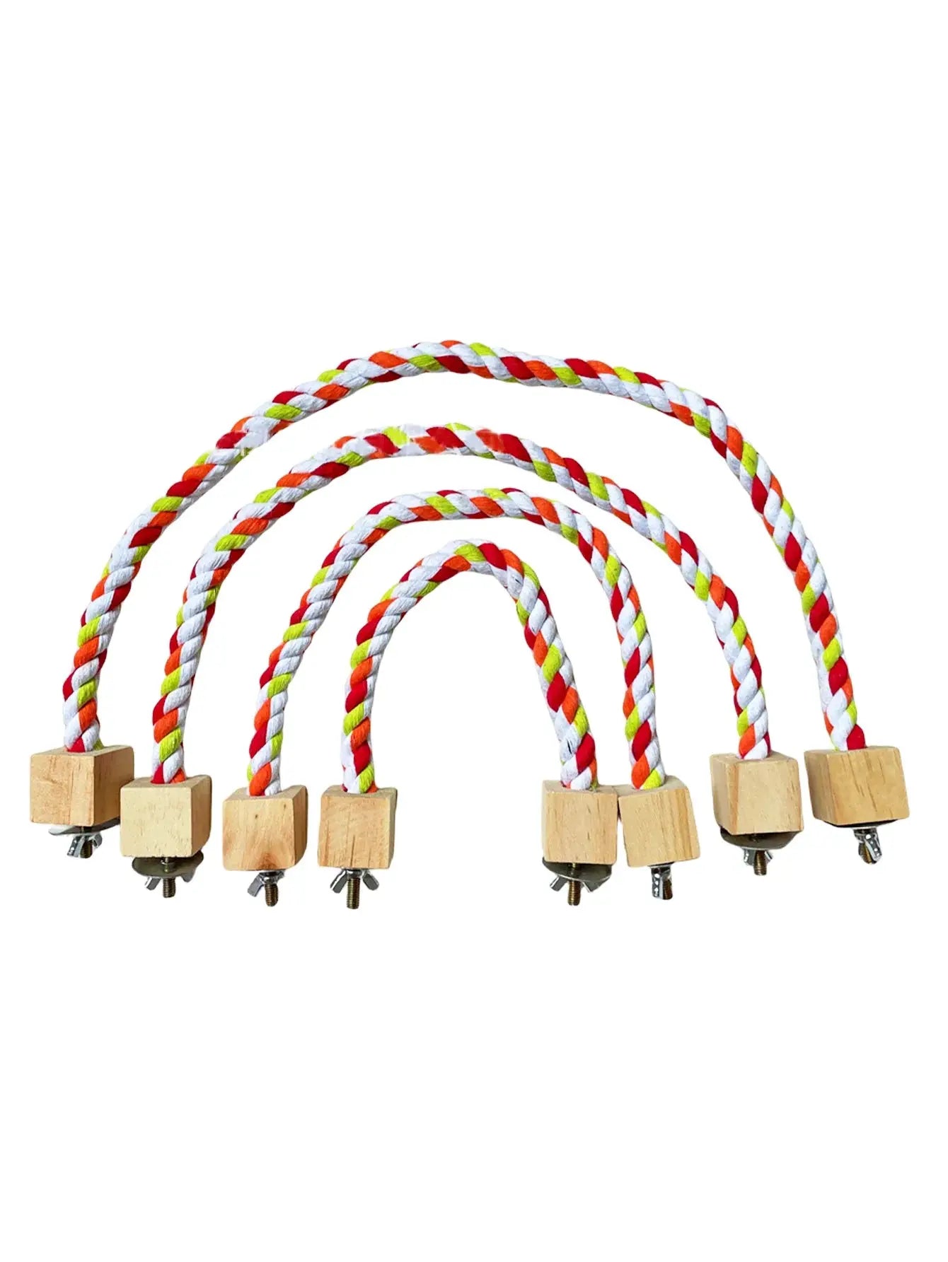 Parrot rope toy set by Simples Market; colorful red, white, yellow and green cotton rope arches with wooden blocks