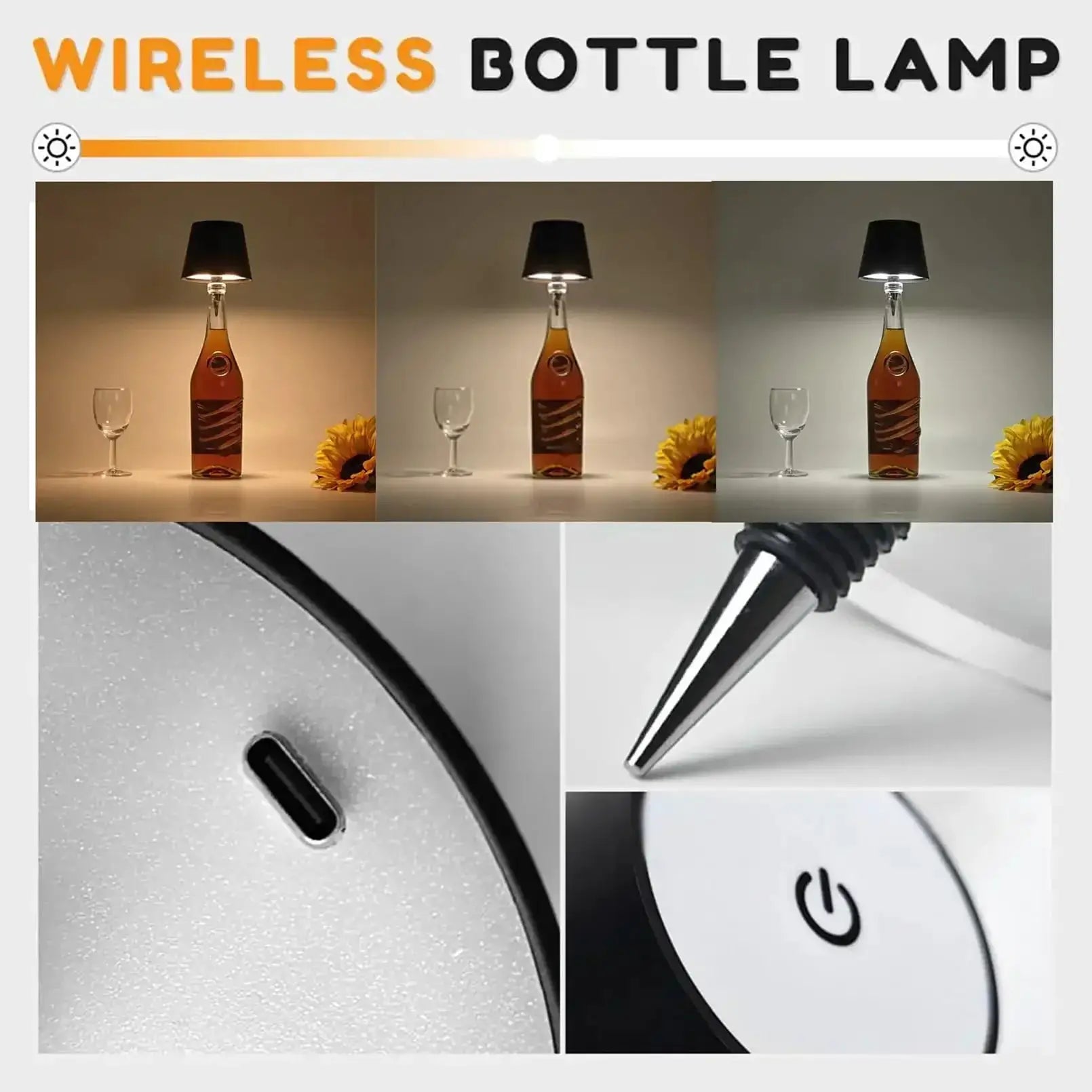 LED wireless wine bottle lamp; portable touch table lamp with bottle base and small black shade, shown in three angles