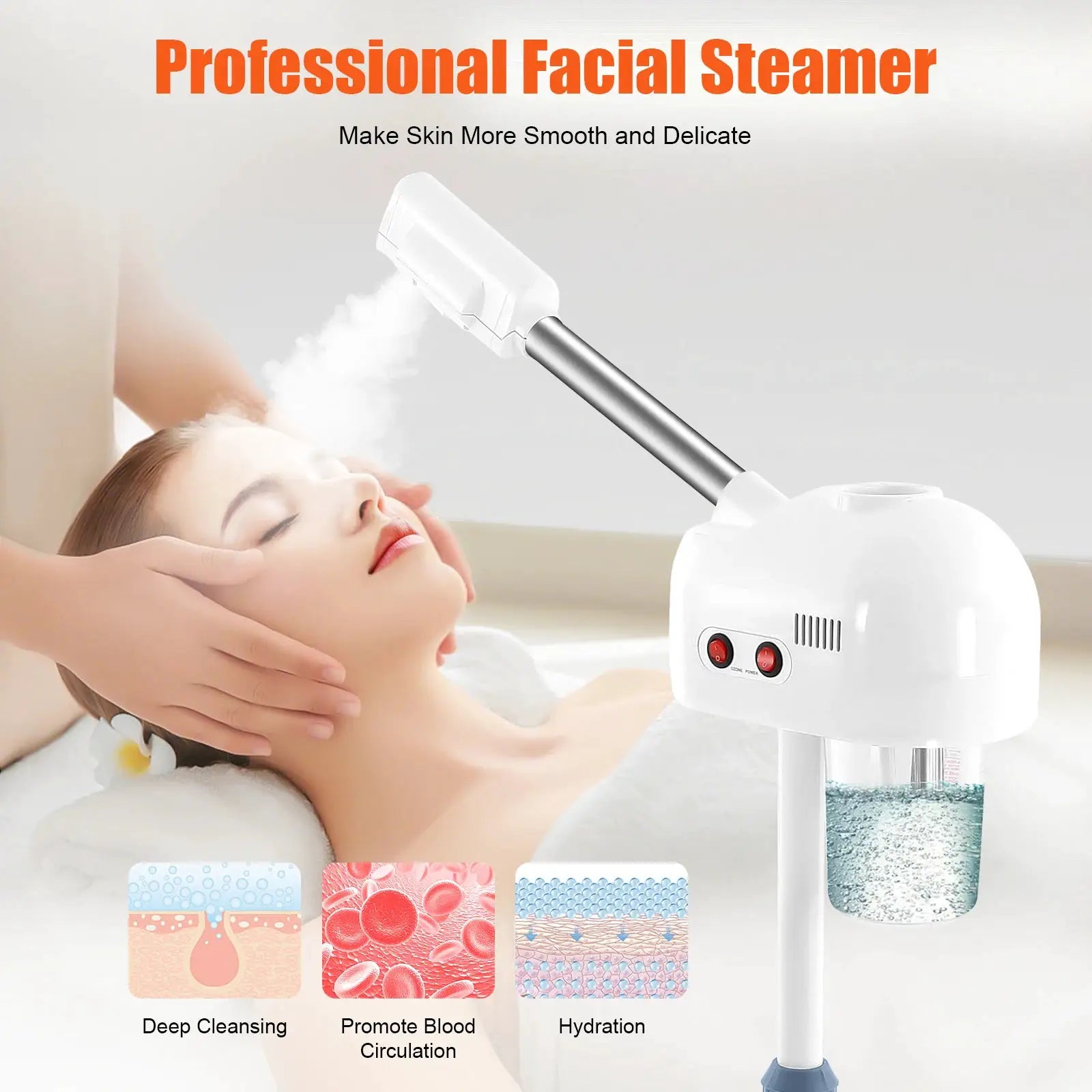 Simples Market 750ml Ozone Facial Steamer, white/black, adjustable 360° rotatable sprayer for salon skincare.