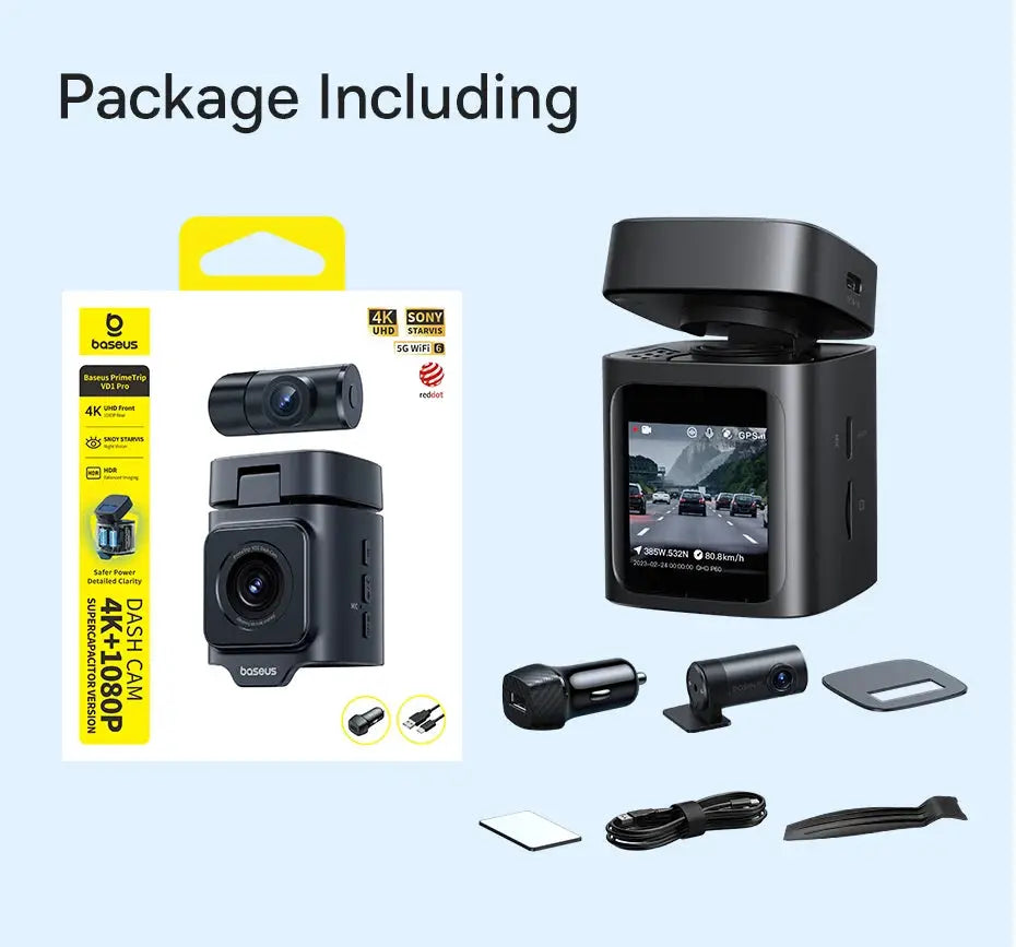 Baseus 4K Dash Cam VD1 Pro front and rear UHD car camera kit with mounts and cables
