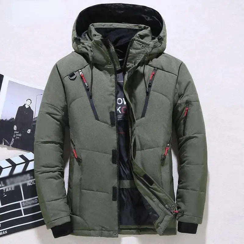 Men's olive green hooded down jacket with red zipper pulls and quilted padding