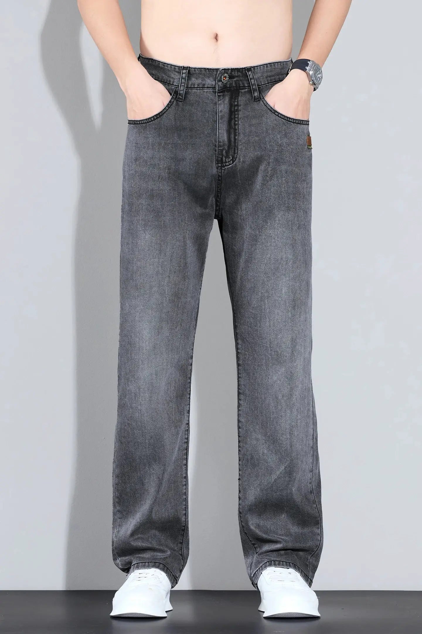 Simples Market Lyocell Ice Silk Jeans, grey washed denim, straight casual trousers