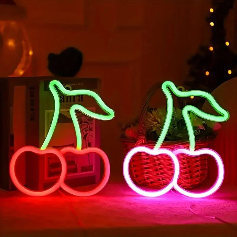 Simples Market cherry neon LED logo signs, green stems, pink fruit, USB/battery powered, 2-piece decorative lights