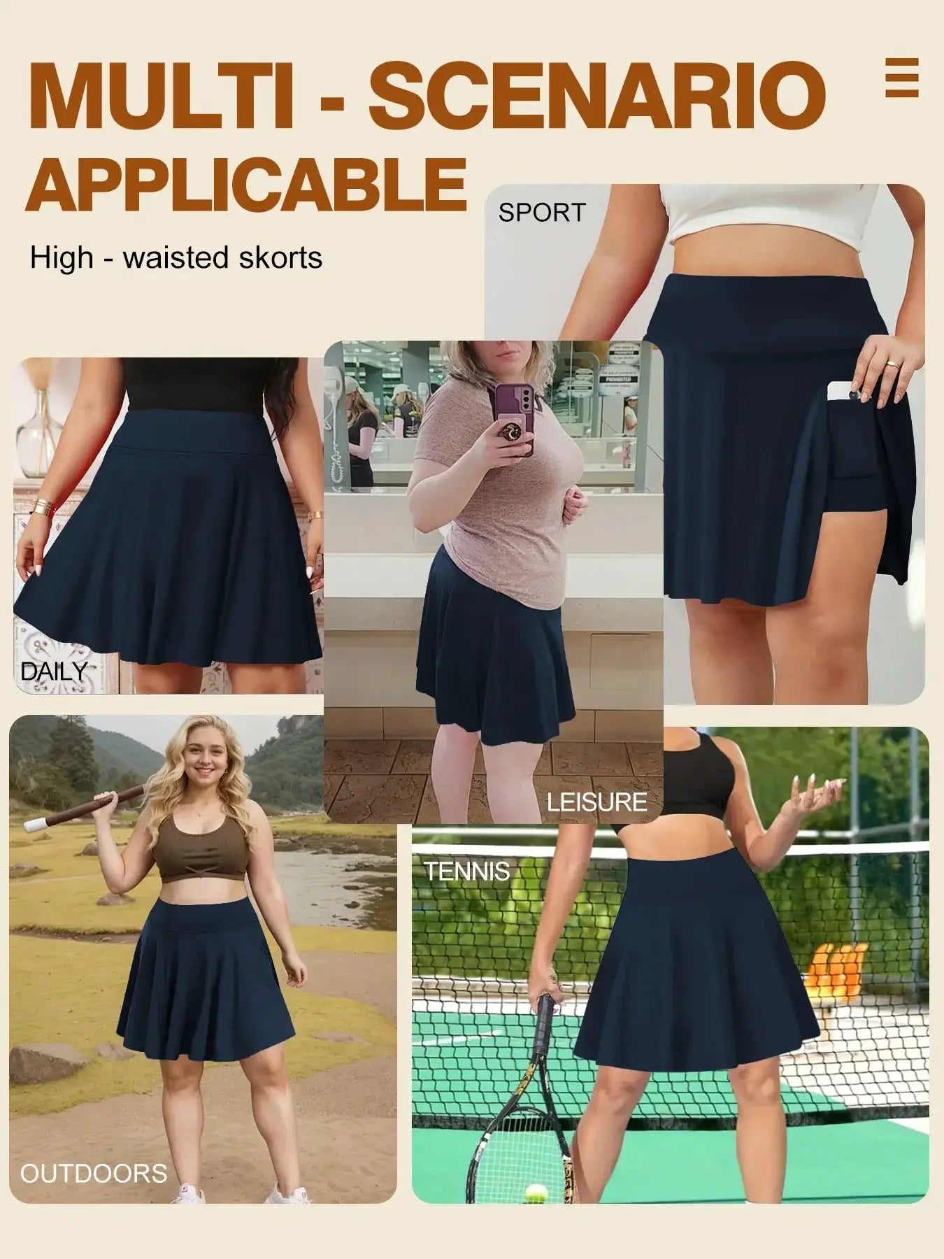 Plus-size navy high-waisted short skirt with pockets for gym and outdoor workouts