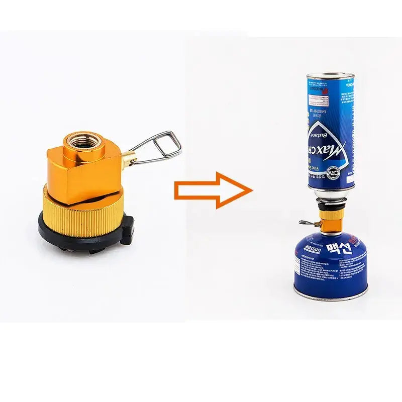 Widesea propane refill adapter (orange metal) with lever beside a blue LPG cylinder