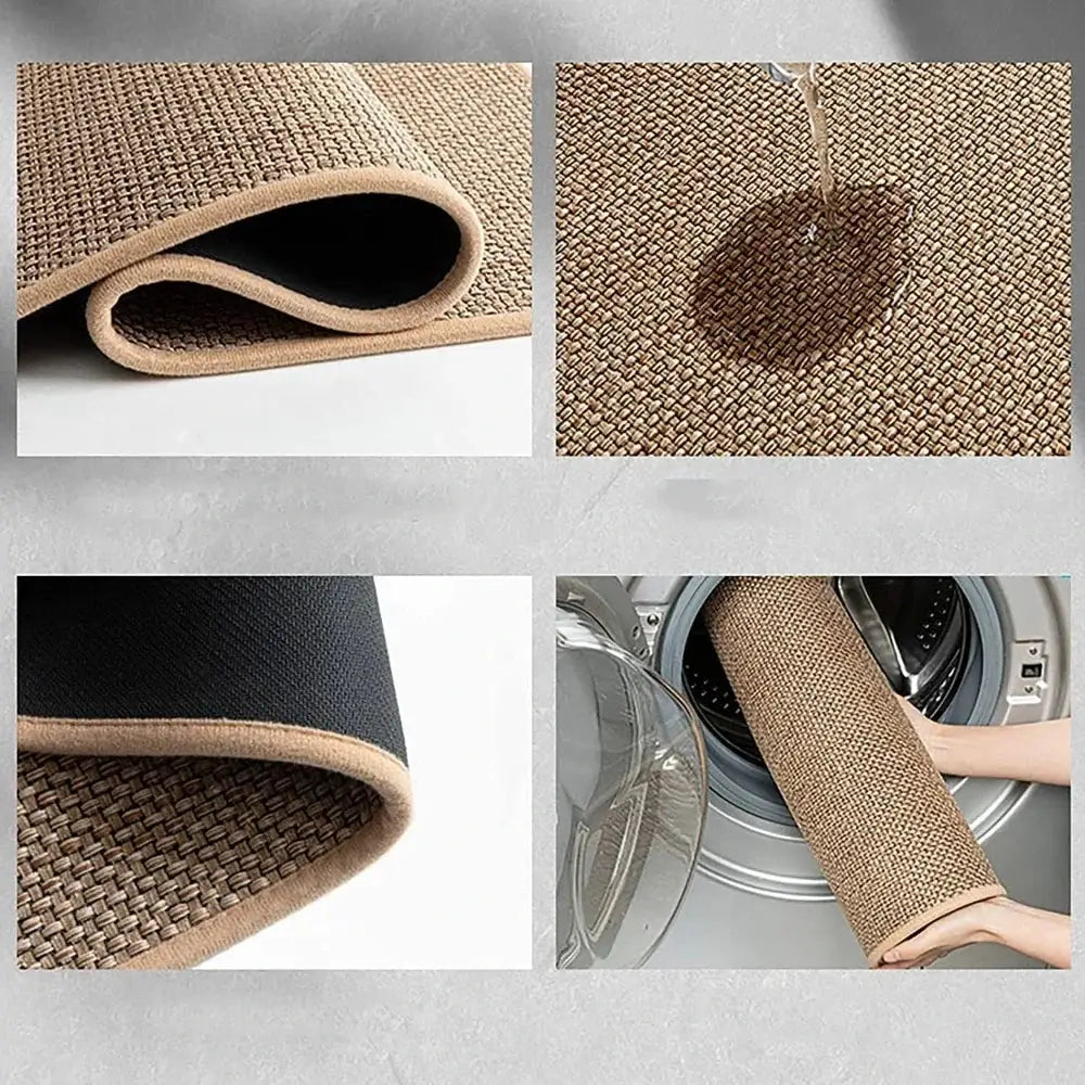 Washable non-slip kitchen rug, faux sisal woven mat with natural rubber backing, Simples Market tan.
