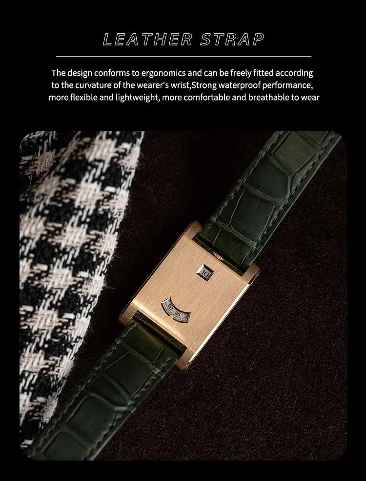 CILOA men's square tank watch with gold-tone case and green leather strap
